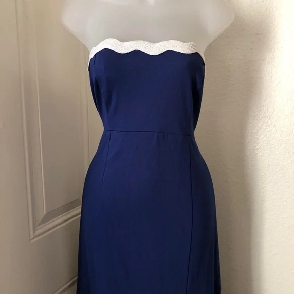 Navy Blue White tube strapless scallop edge long maxi dress with white trim slit - Picture 2 of 7